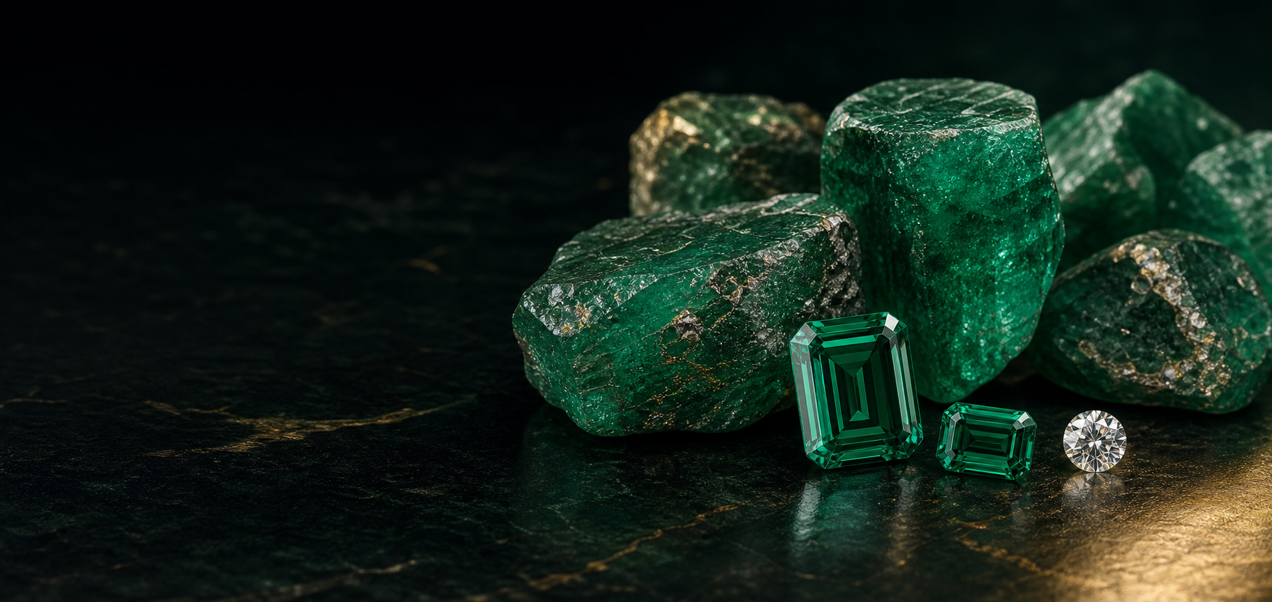Rough and cut emerald gemstones photographed on a dark studio surface